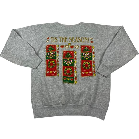 Vintage Christmas Tis The Season Candy Cane Gray Crewneck Sweatshirt Size XL - Picture 1 of 8